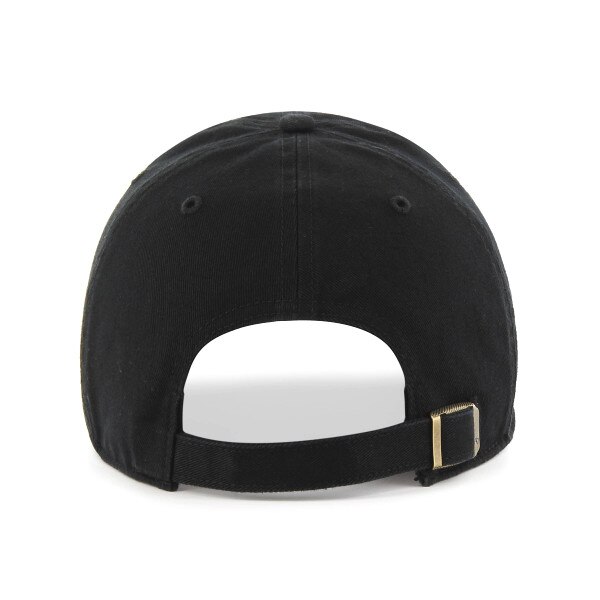 Back view of black ’47 Brand hat with adjustable strap and gold buckle