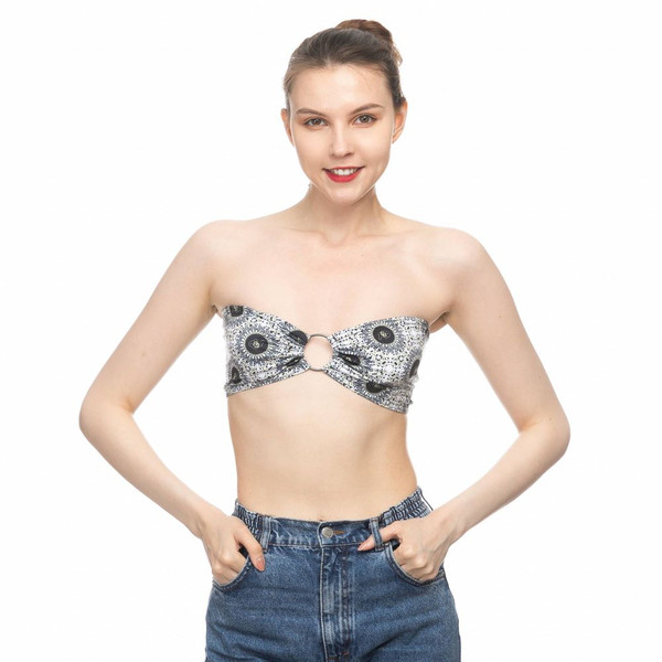 A ring-tied super cropped bandeau with black mandala printed designs and mini C-U Buffalo logos throughout.