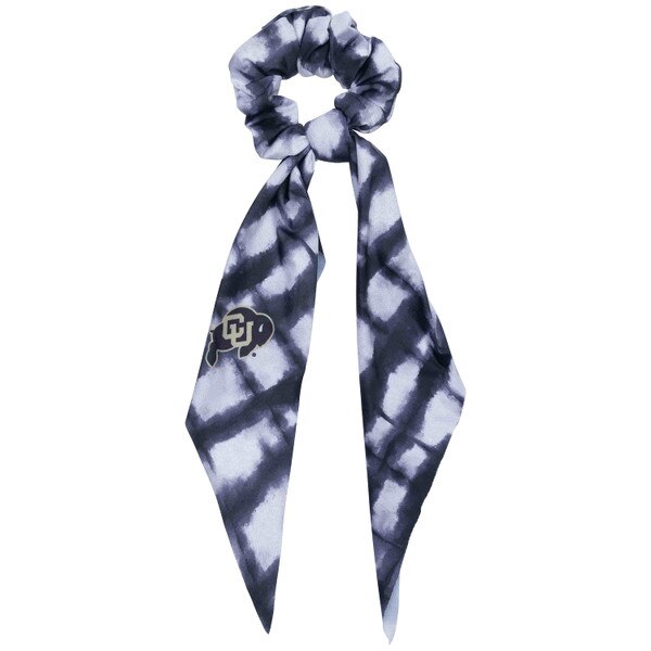 Black and white tie-dye scrunchie with long tails and CU Buffaloes logo on one ribbon.