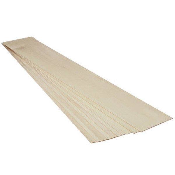A few sheets of basswood that are light brown/tan in color and very thin.