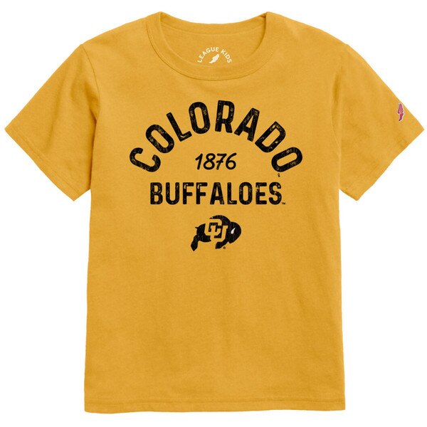 Gold youth t-shirt with Colorado Buffaloes text, 1876, and CU Buffaloes logo