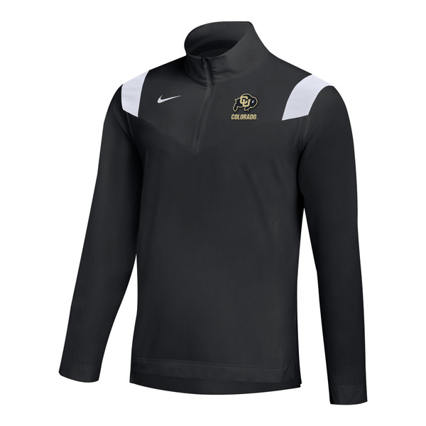 A black Nike sideline quarter zip pullover with Colorado, CU buffaloes logo, and white shoulder bands.