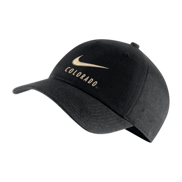 Front angled view of black Nike hat with gold swoosh and arched Colorado text
