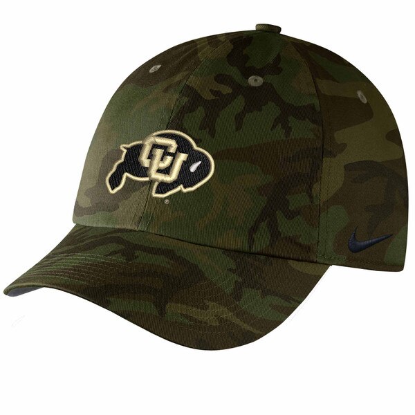 A Nike hat with camo print and an embroidered C-U Buffalo patch on the front.