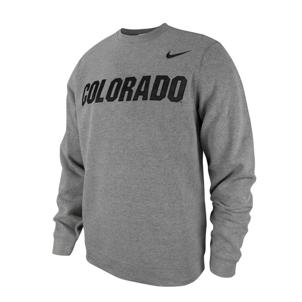 A gray crewneck with Colorado in bold block lettering with a Nike Swoosh in the left upper corner.