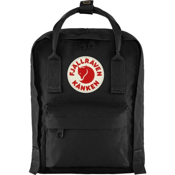 A black mini backpack with the Fjallraven Kanken logo.