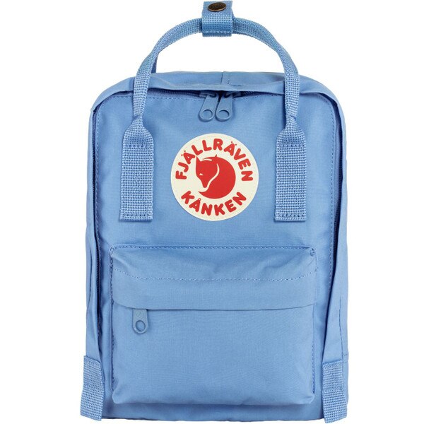 A light blue mini backpack with the Fjallraven Kanken logo.