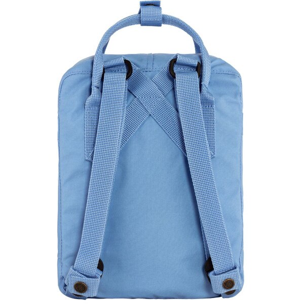 The back of the light blue Fjallraven mini backpack.