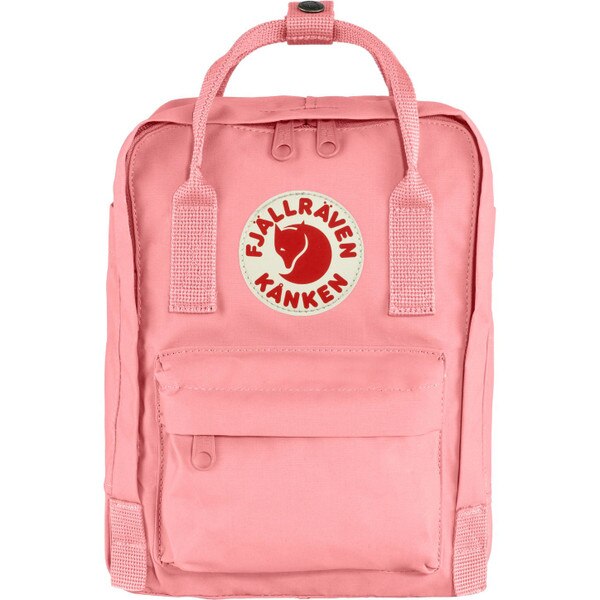 A pink mini backpack with the Fjallraven Kanken logo.