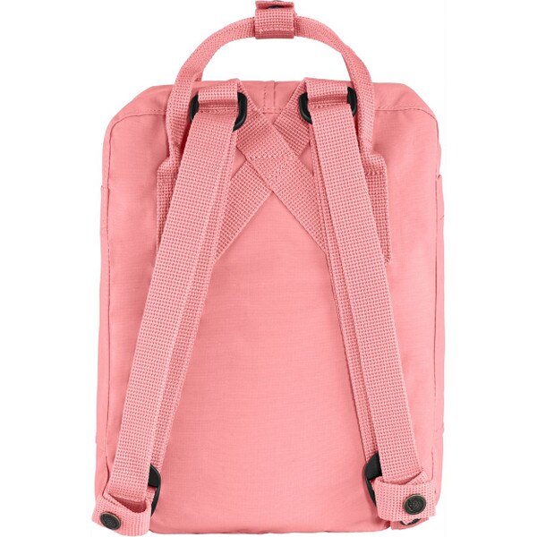 The back of the pink Fjallraven mini backpack.