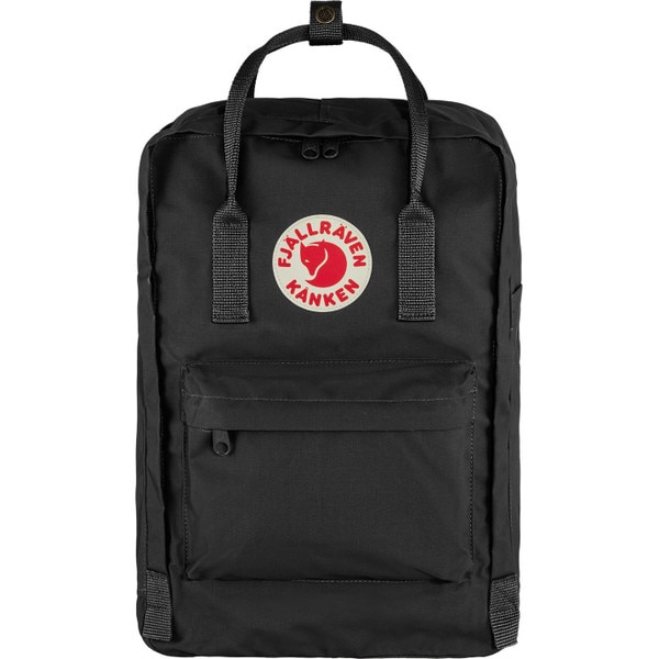Black boxy backpack with fjallraven kanken brand logo on center with front zipper pocket an double handles.