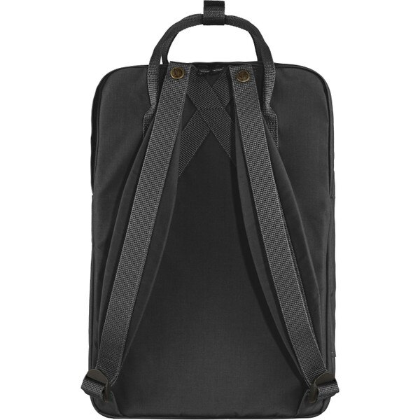 The back of the black Fjallraven backpack.