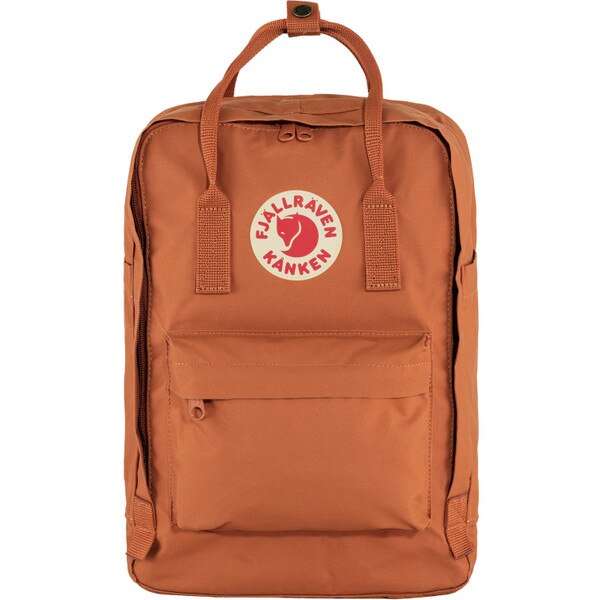 A brown Fjallraven Kanken backpack with the Fjallraven logo on the front.