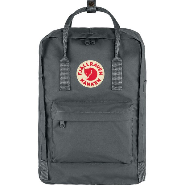 A gray Fjallraven Kanken backpack with the Fjallraven logo on the front.
