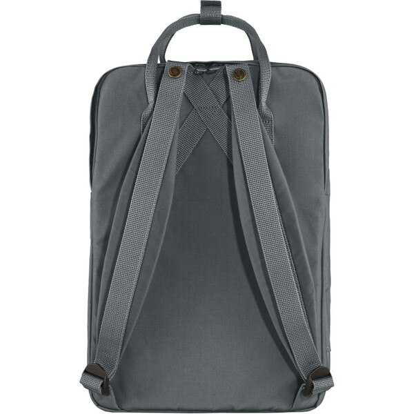 The back of the gray Fjallraven backpack.