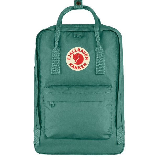 A green Fjallraven Kanken backpack with the Fjallraven logo on the front.