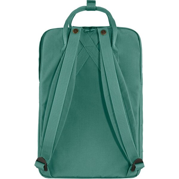 The back of the green Fjallraven backpack.