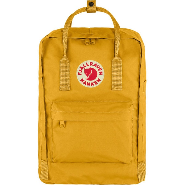 A yellow Fjallraven Kanken backpack with the Fjallraven logo on the front.
