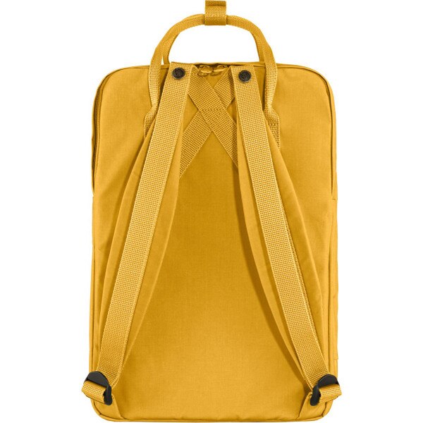 The back of the yellow Fjallraven backpack.