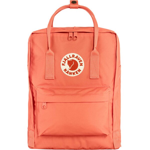 A coral fjallraven backpack with the iconic circle logo patch on the front, a main compartment, two side compartments, and a front compartment, and two shoulder straps and a top strap.