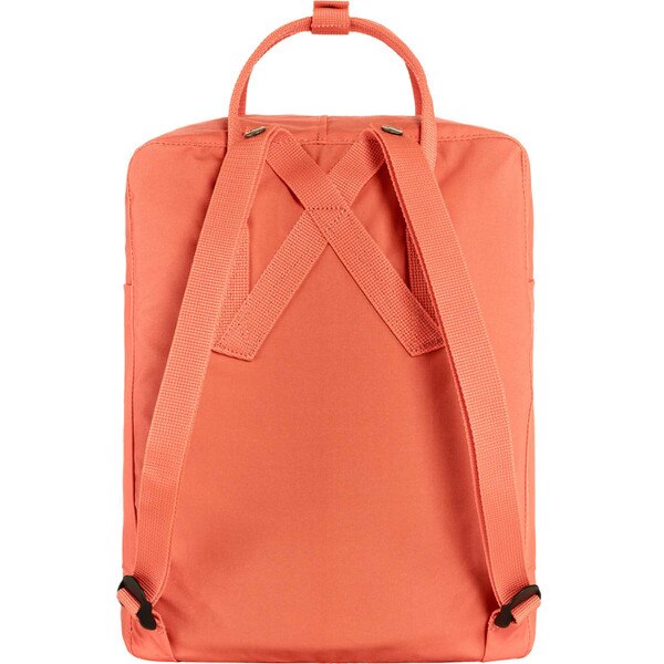 The back of the coral fjallraven backpack, with two shoulder straps to carry it as a backpack, and a top strap to carry it as a bag.