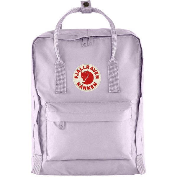 A purple fjallraven backpack with the iconic circle logo patch on the front, a main compartment, two side compartments, and a front compartment, and two shoulder straps and a top strap.