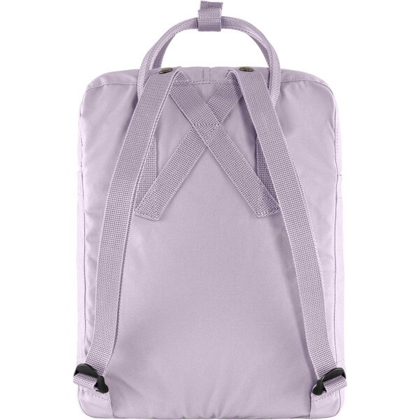 The back of the purple fjallraven backpack, with two shoulder straps to carry it as a backpack, and a top strap to carry it as a bag.