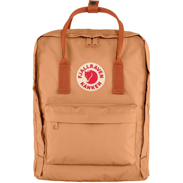 A sand fjallraven backpack with the iconic circle logo patch on the front, a main compartment, two side compartments, and a front compartment, and two shoulder straps and a top strap.
