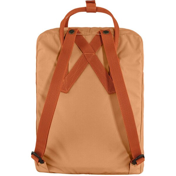 The back of the sand fjallraven backpack, with two shoulder straps to carry it as a backpack, and a top strap to carry it as a bag.