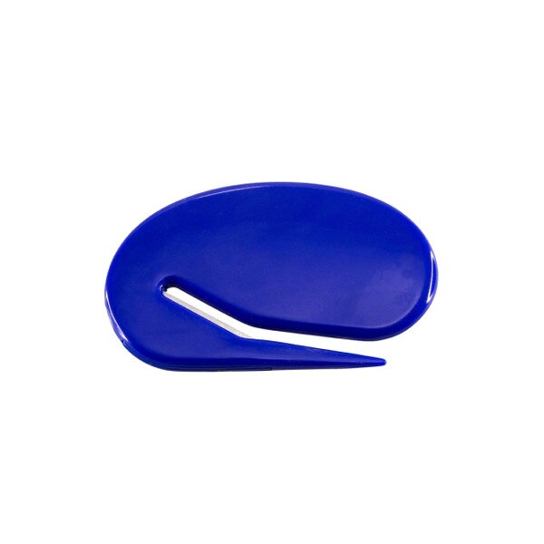 Blue rounded envelope opener with sharp side with blade to catch and cut letters and envelopes.