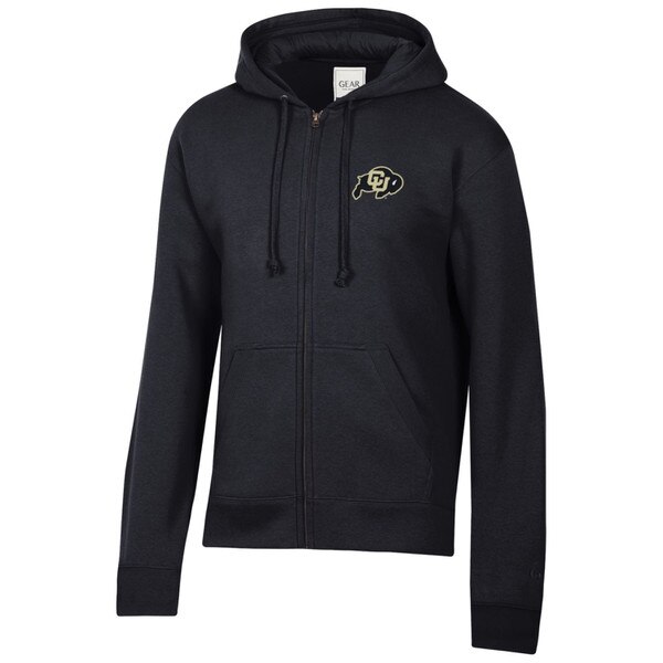 A black full zip hoodie featuring a CU Buffalo logo with a drawstring hood and two kanga pockets.