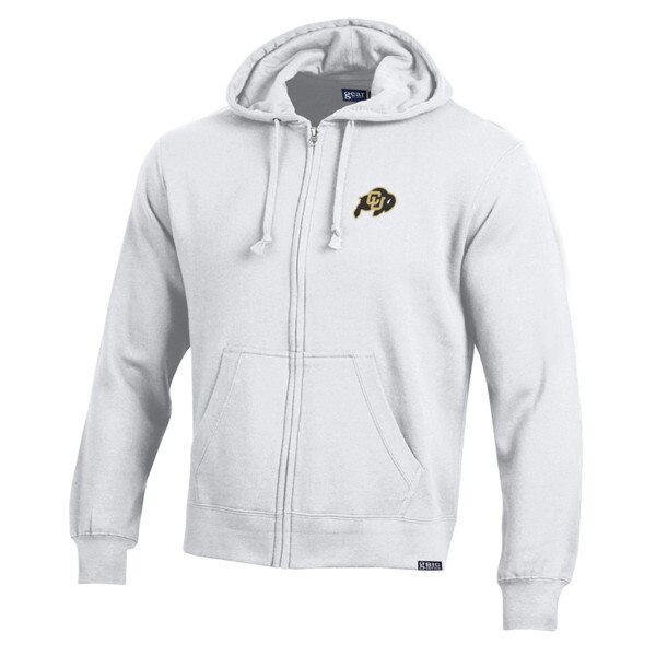 A white full zip hoodie featuring a CU Buffalo logo with a drawstring hood and two kanga pockets.