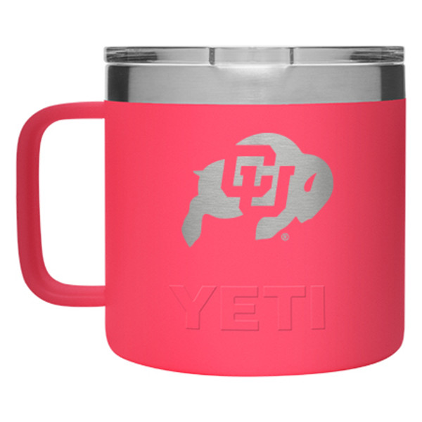 A pink Yeti travel mug with the Colorado Buffaloes logo on the exterior.