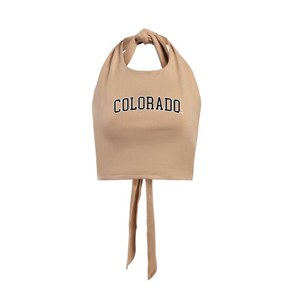 A tan colored halter tie top with colorado in bold black lettering outlined in white.
