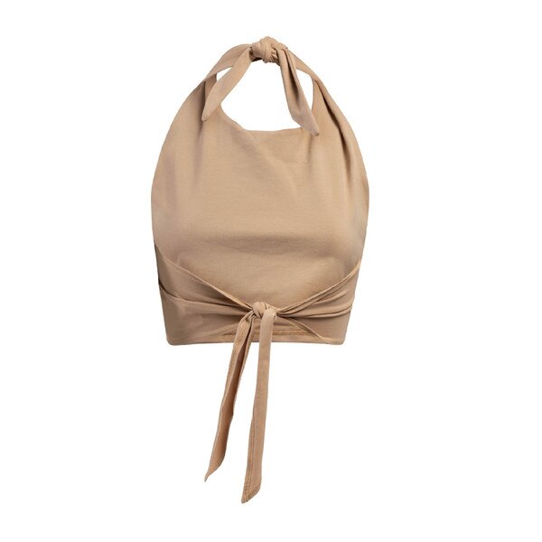The tan colored tie backing with ties at the neck and waist.