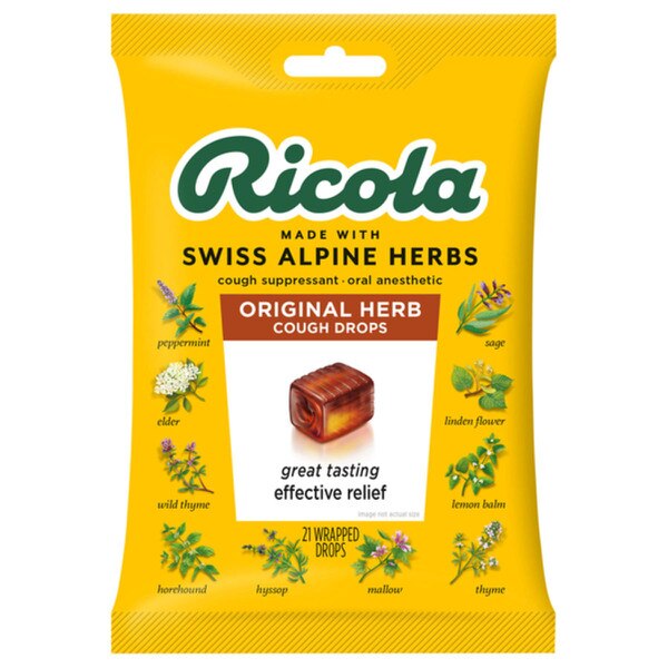 A yellow package of Ricola cough drops.