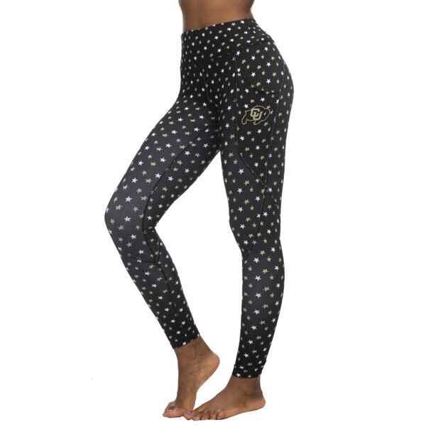 Black leggings with a gold and white star pattern as well as a side pocket with the CU Buffalo logo.