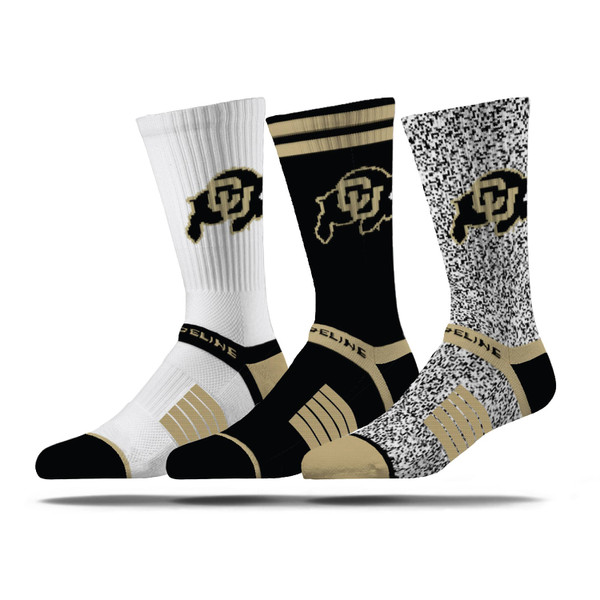 Unisex-Colorado-Buffaloes-Crew-Socks-Gift-Set-with-white-black-and-spreckled-white-and-black-pairs