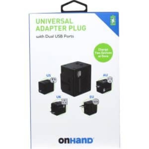 A box containing a black universal adapter plug. Shows that it can be used in the US, UK, Europe, or Australia.