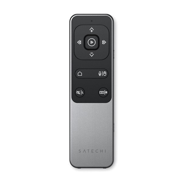 A close up of the dark silver grey remote. Buttons include arrow keys, a home button, and left and right buttons.