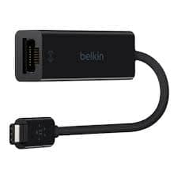 A black USB-C to gigabit ethernet adapter that says "belkin."