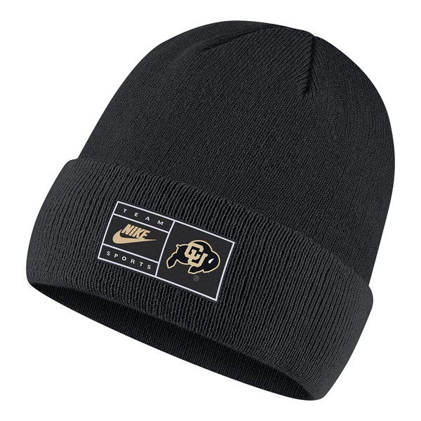 A black cuffed beanie with a Nike and C-U Buffalo logo patch on the front.