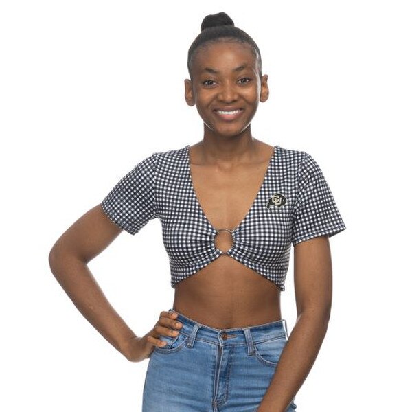 A gingham print ring tied super cropped top with a C-U Buffalo logo on it.
