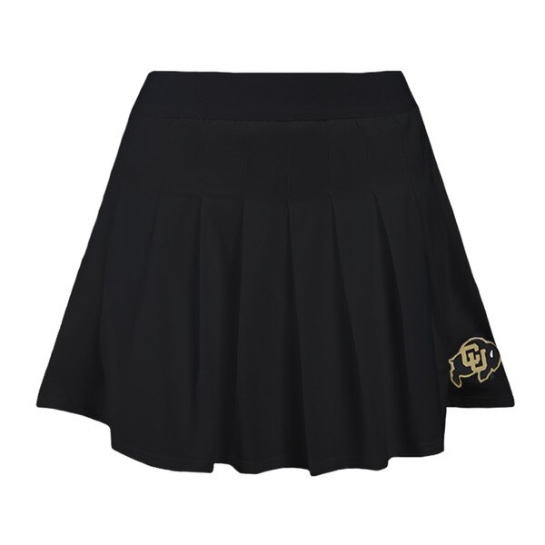 A black pleated mini skort with the CU Buffalo logo on the bottom left side.