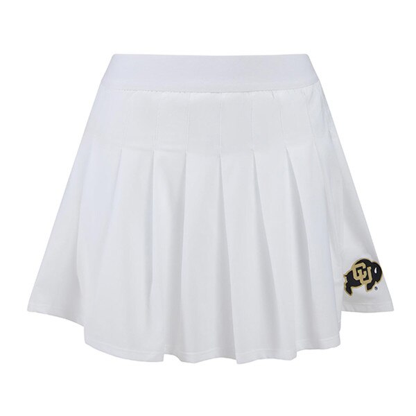 A white pleated mini skort with the CU Buffalo logo on the bottom left side.