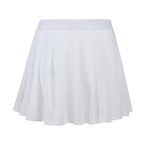 The backside of a white pleated mini skort.
