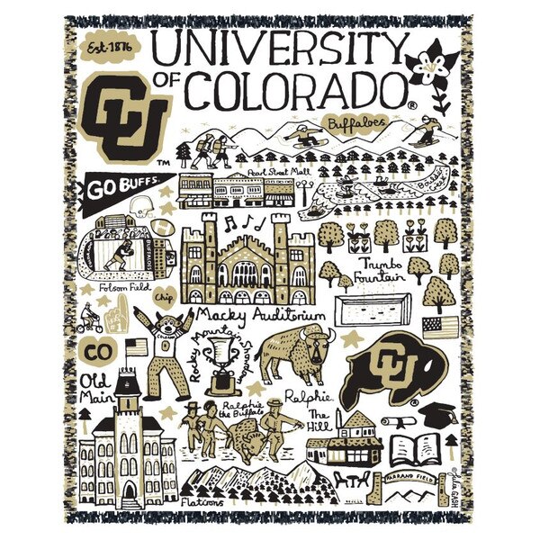A blanket with lots of iconic CU landmarks and symbols, including Macky Auditorium, Folsom Field, Pearl Street Mall, and Ralphie. All of these images are in white, black, and gold.