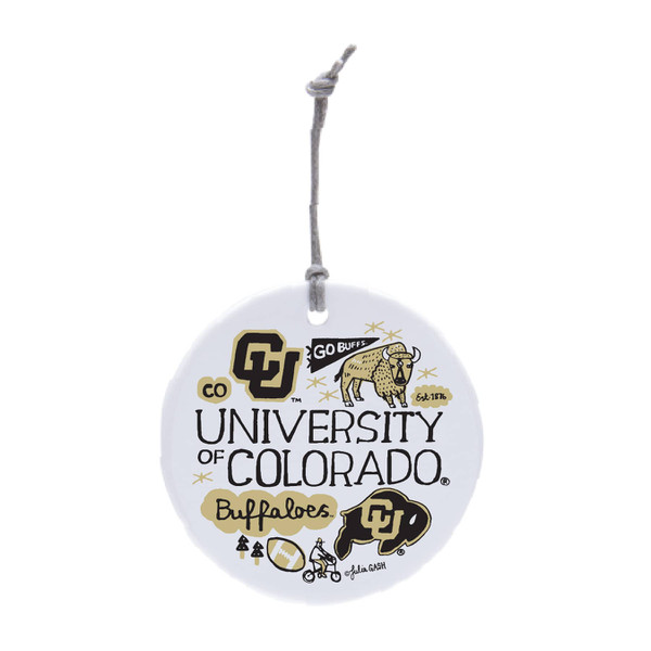 A white University of Colorado ornament with black and vegas gold doodles of CU Boulder attractions.