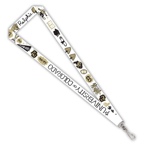 A white University of Colorado lanyard with black and vegas gold doodles of CU Boulder attractions.
