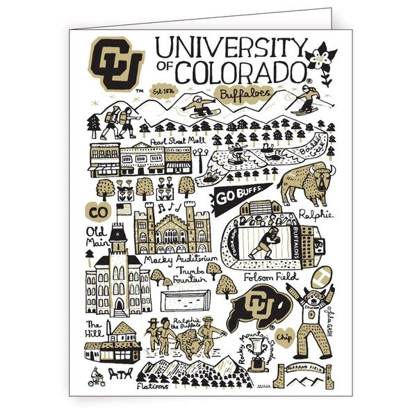 A 10-pack set of white notecards with Julia Gash art doodles depicting CU Boulder locales in black and Vegas Gold. It also comes with envelopes.